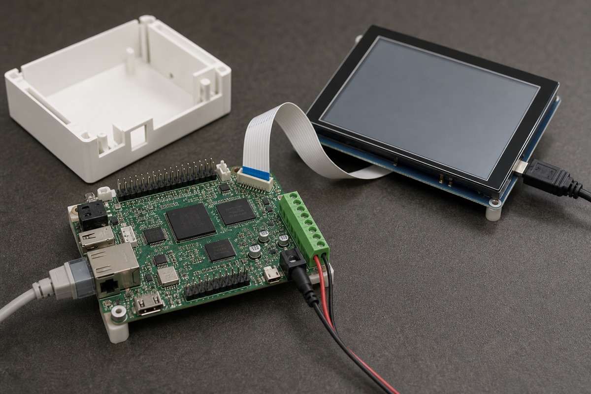 Allwinner A40i Guide evaluation bench with embedded board cables display and test equipment