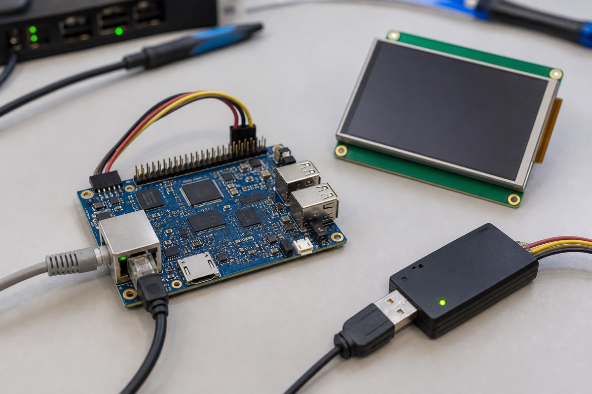 Allwinner A64 Guide evaluation bench with embedded board cables display and test equipment
