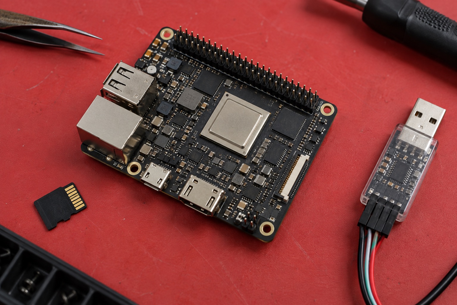Illustrative compact single-board computer beside a microSD card and USB serial adapter on a red work mat