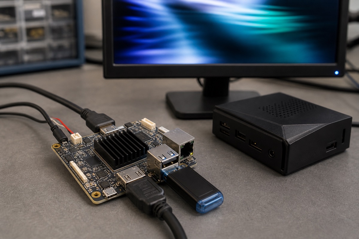 Allwinner H616 and H618 Guide evaluation bench with embedded board cables display and test equipment