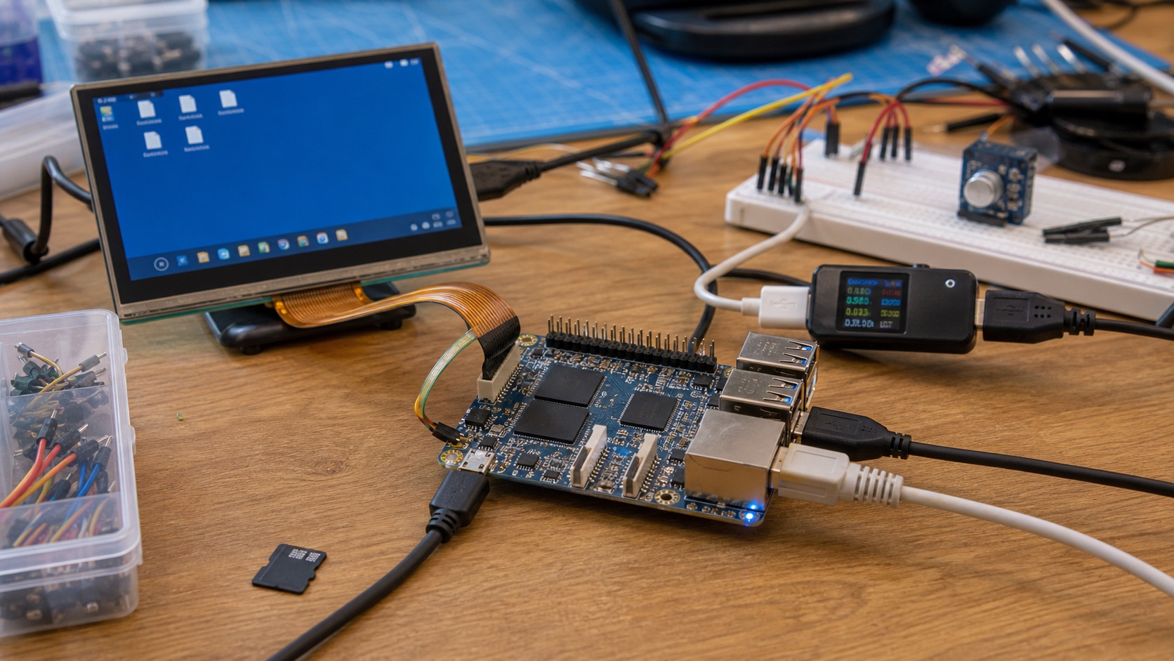 Low-cost embedded Linux SBC prototype with small display and bench tools