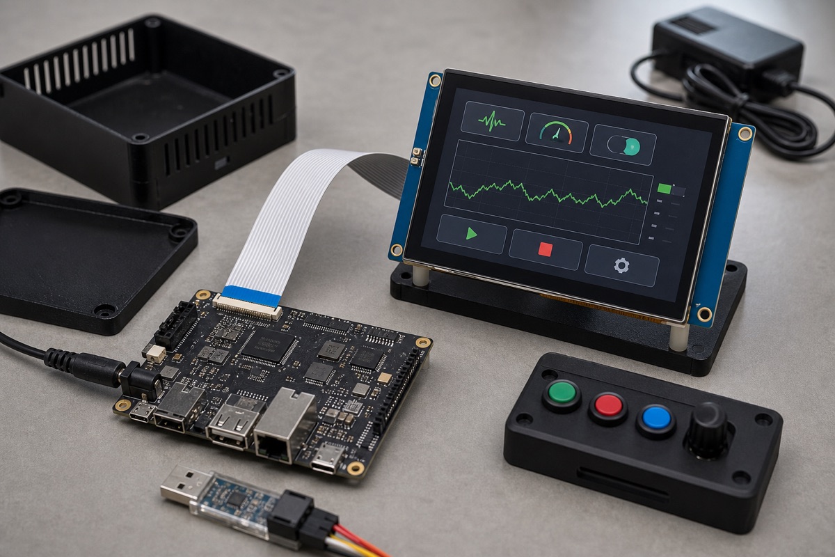 Allwinner T113 Guide evaluation bench with embedded board cables display and test equipment