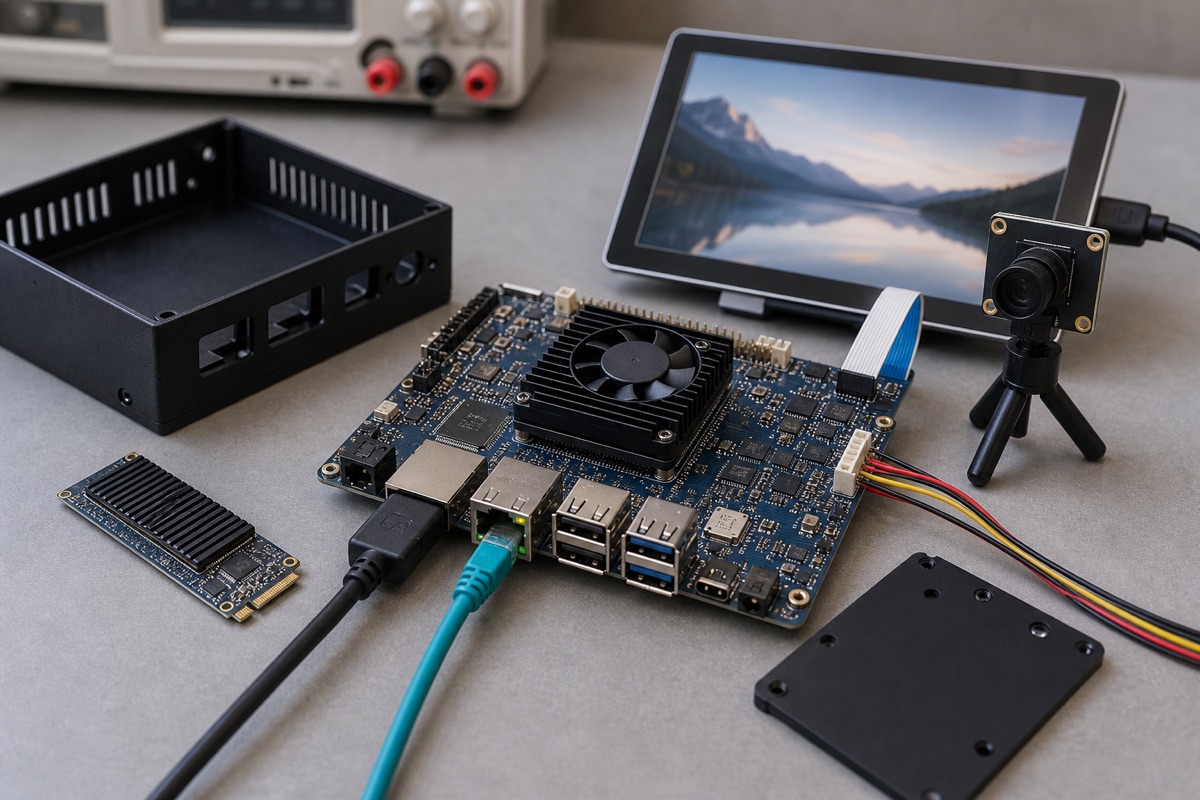 Amlogic A311D Guide evaluation bench with embedded board cables display and test equipment