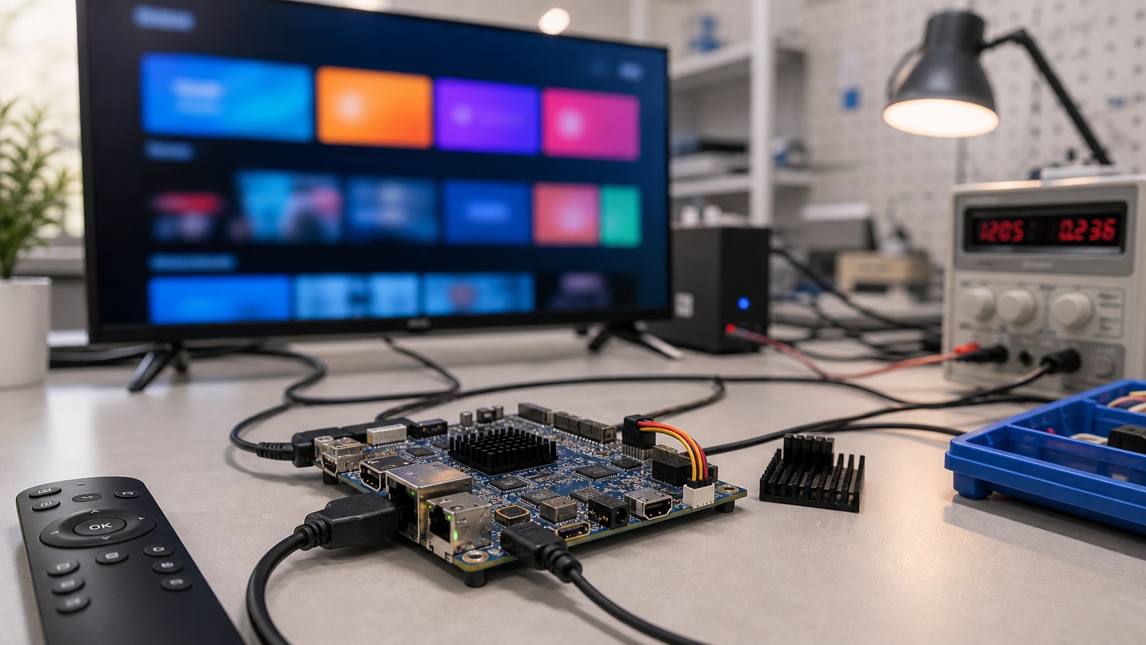 Embedded multimedia board connected to display for media playback testing