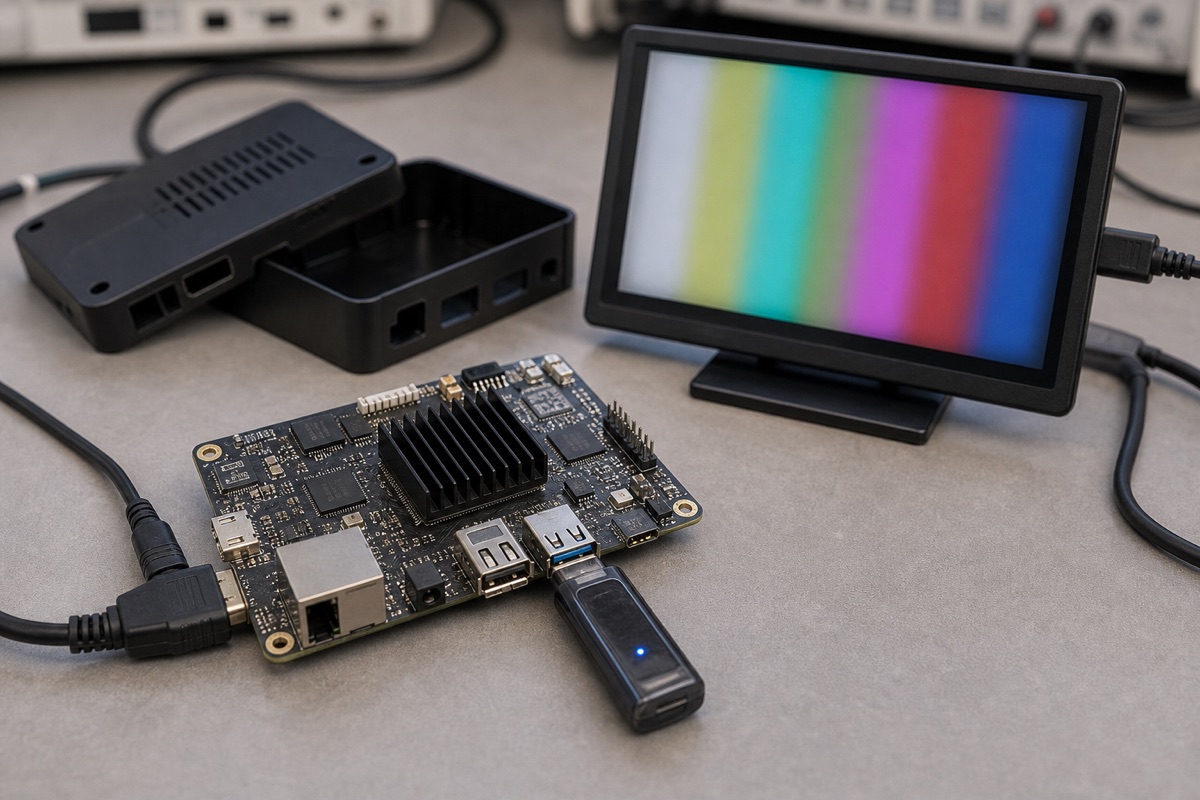 Amlogic S905X3 Guide evaluation bench with embedded board cables display and test equipment