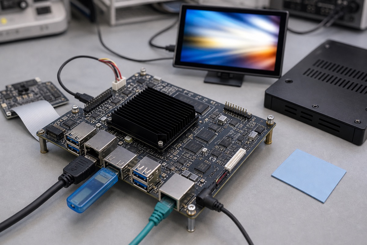Amlogic S922X Guide evaluation bench with embedded board cables display and test equipment