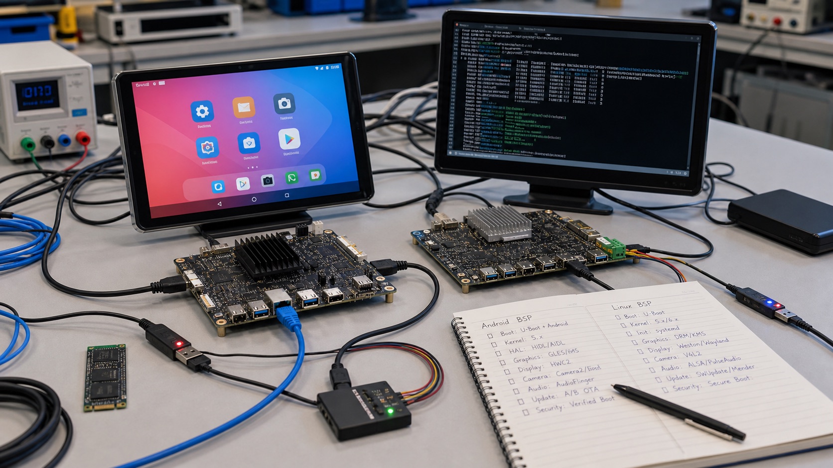 Android BSP and Linux BSP comparison bench with two embedded development boards, touchscreen UI, terminal monitor, serial adapters, and flashing tools