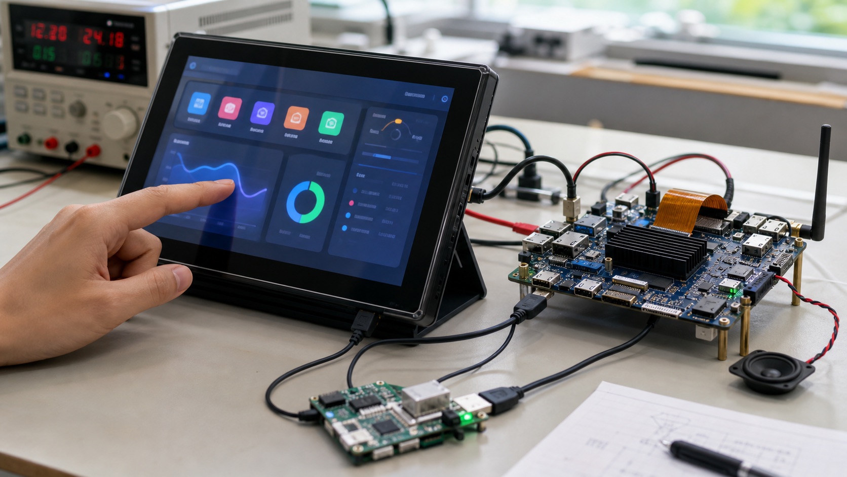 Android panel PC prototype with embedded SBC, touch display, Wi-Fi antenna, and power testing