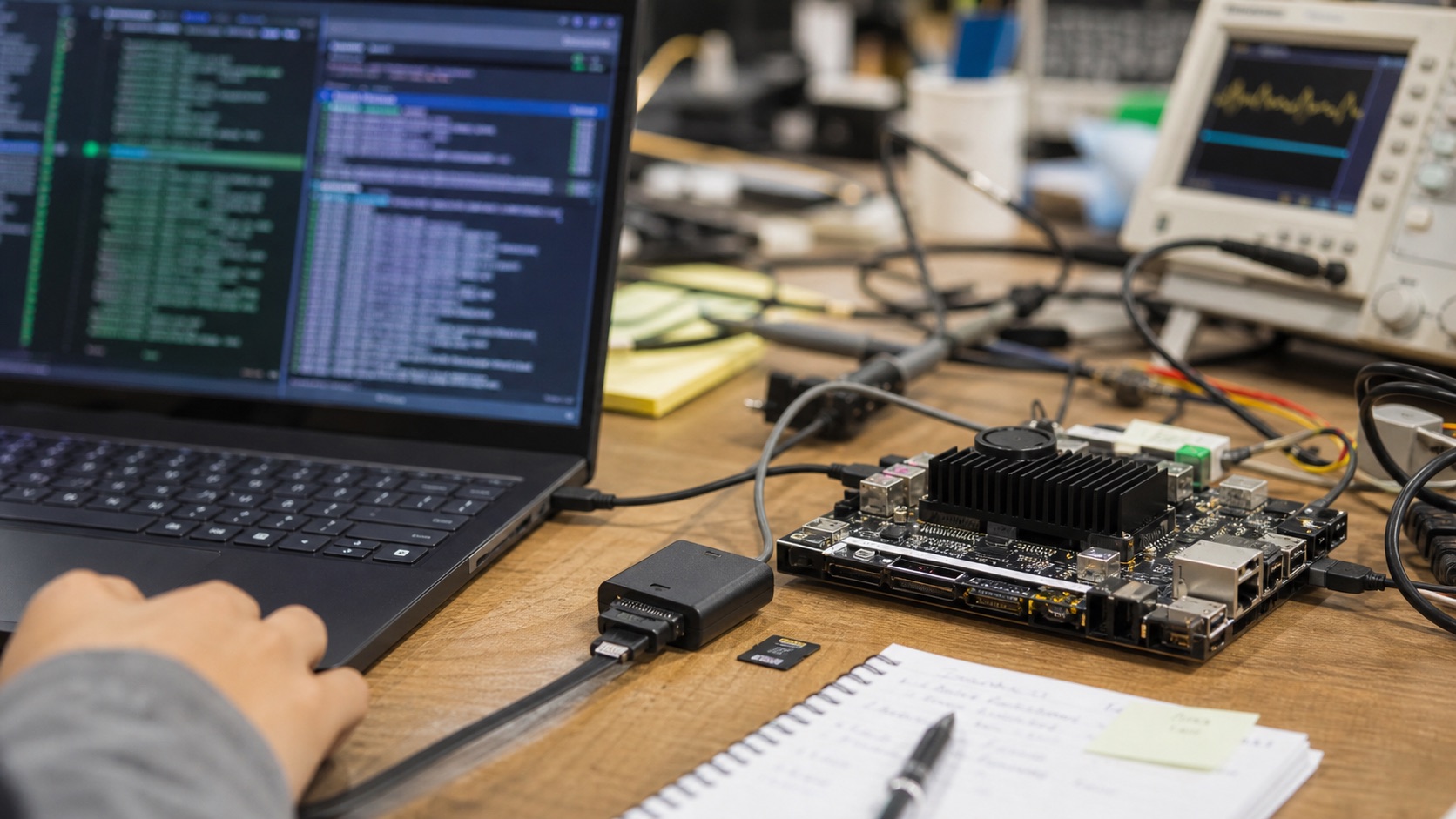 Embedded BSP debugging bench with development board, laptop terminal, serial console, and measurement tools