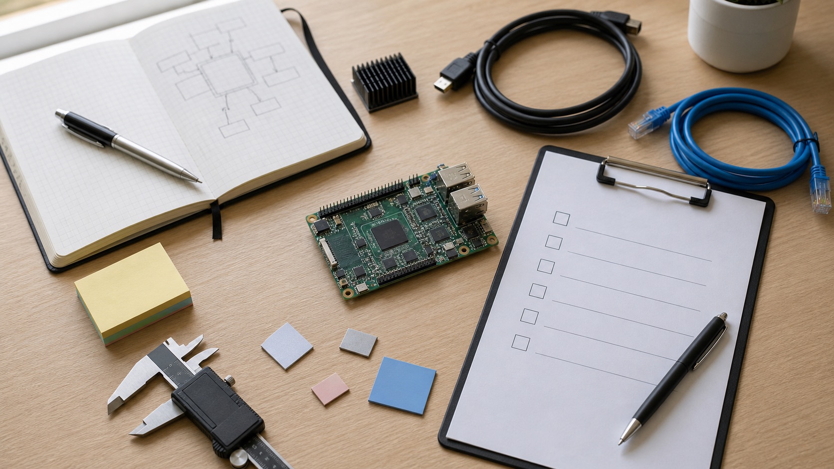 Embedded SoC selection planning desk with prototype board and hardware checklist