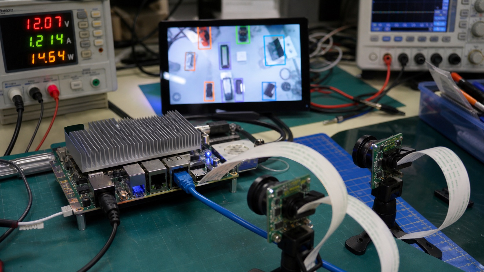 Edge AI camera prototype with embedded SBC, camera modules, display, and Ethernet testing