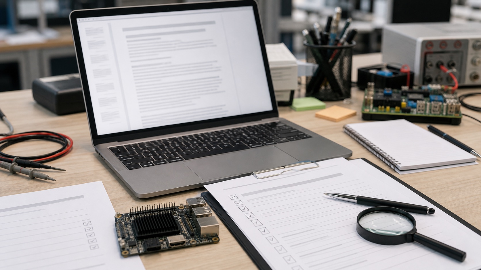 Technical content review desk with embedded board, checklist, and documentation