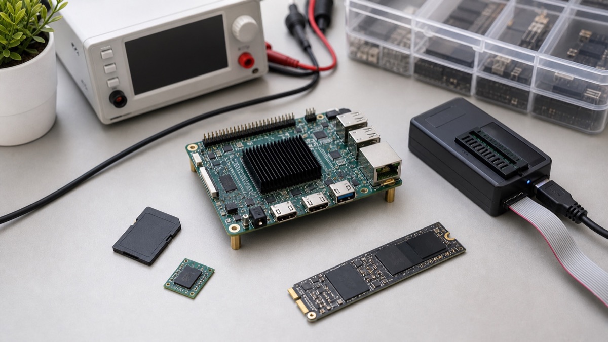 Embedded storage validation bench with eMMC module, SD card, NVMe drive, SBC, and power analyzer