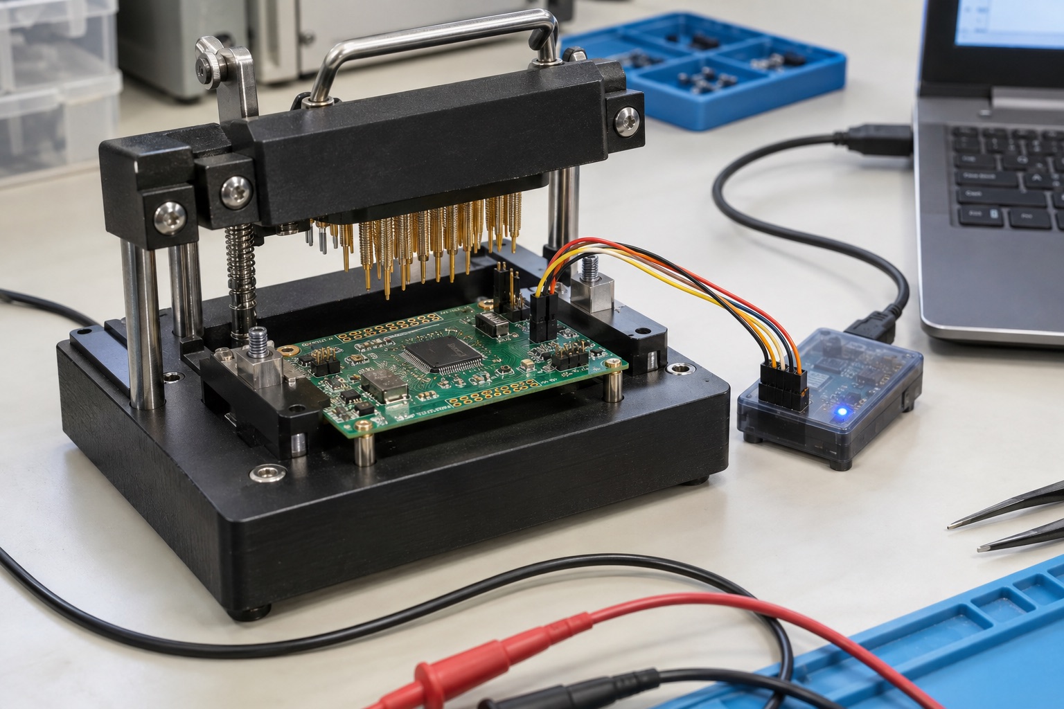 Illustrative microcontroller board held in a production programming fixture beside debug equipment