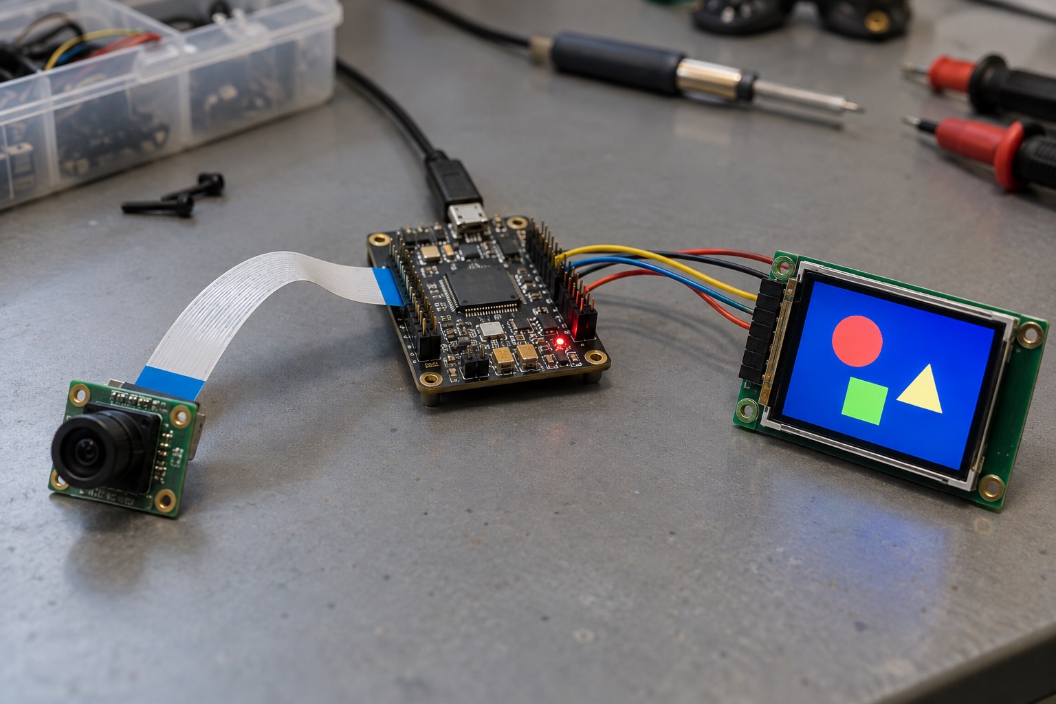 Illustrative microcontroller prototype connected to a small display and camera on a laboratory bench