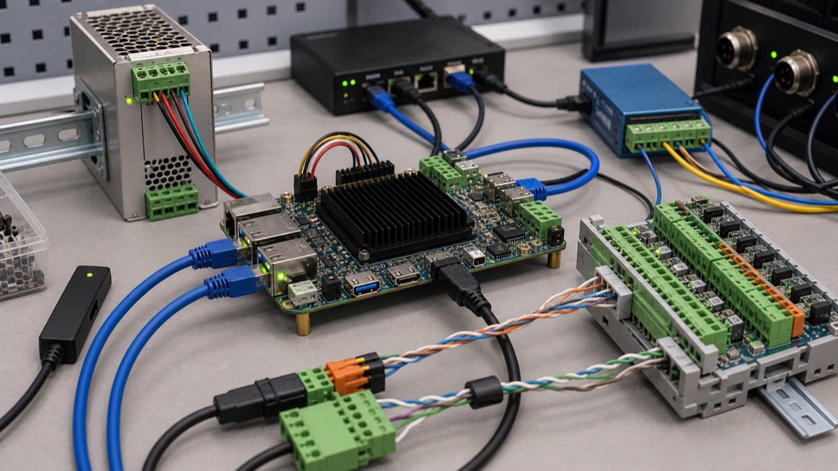Industrial SBC interface bench with Ethernet cables, CAN wiring, RS485 terminal blocks, and embedded board