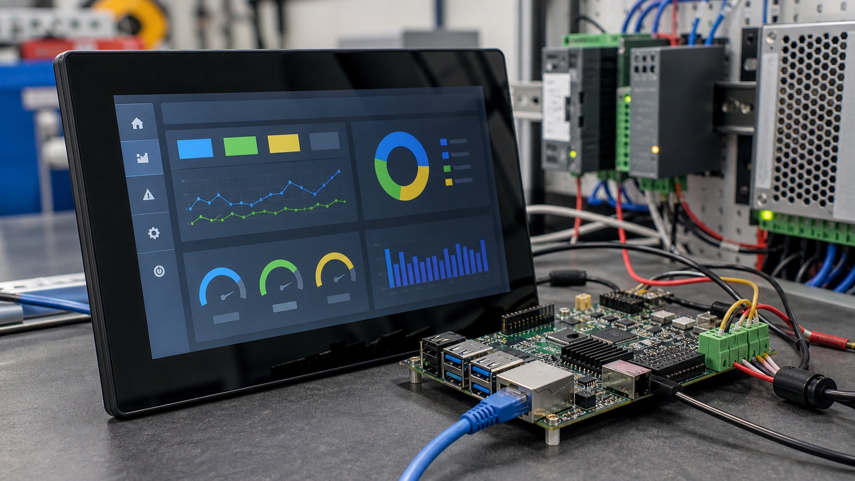 Industrial HMI prototype with embedded SBC, touch display, Ethernet, terminal blocks, and bench wiring