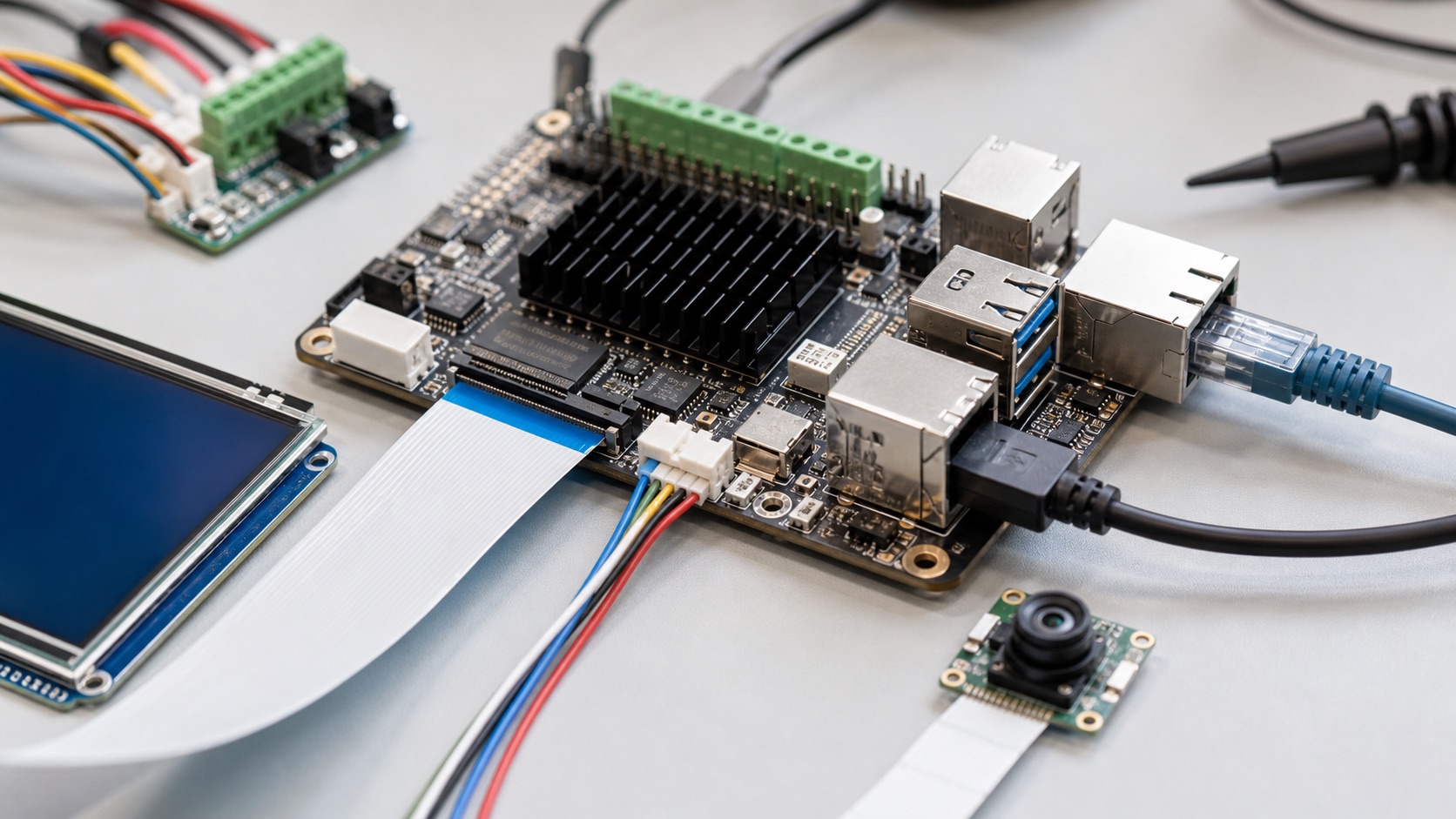 Embedded SoC interface planning bench with display camera Ethernet and terminal connectors