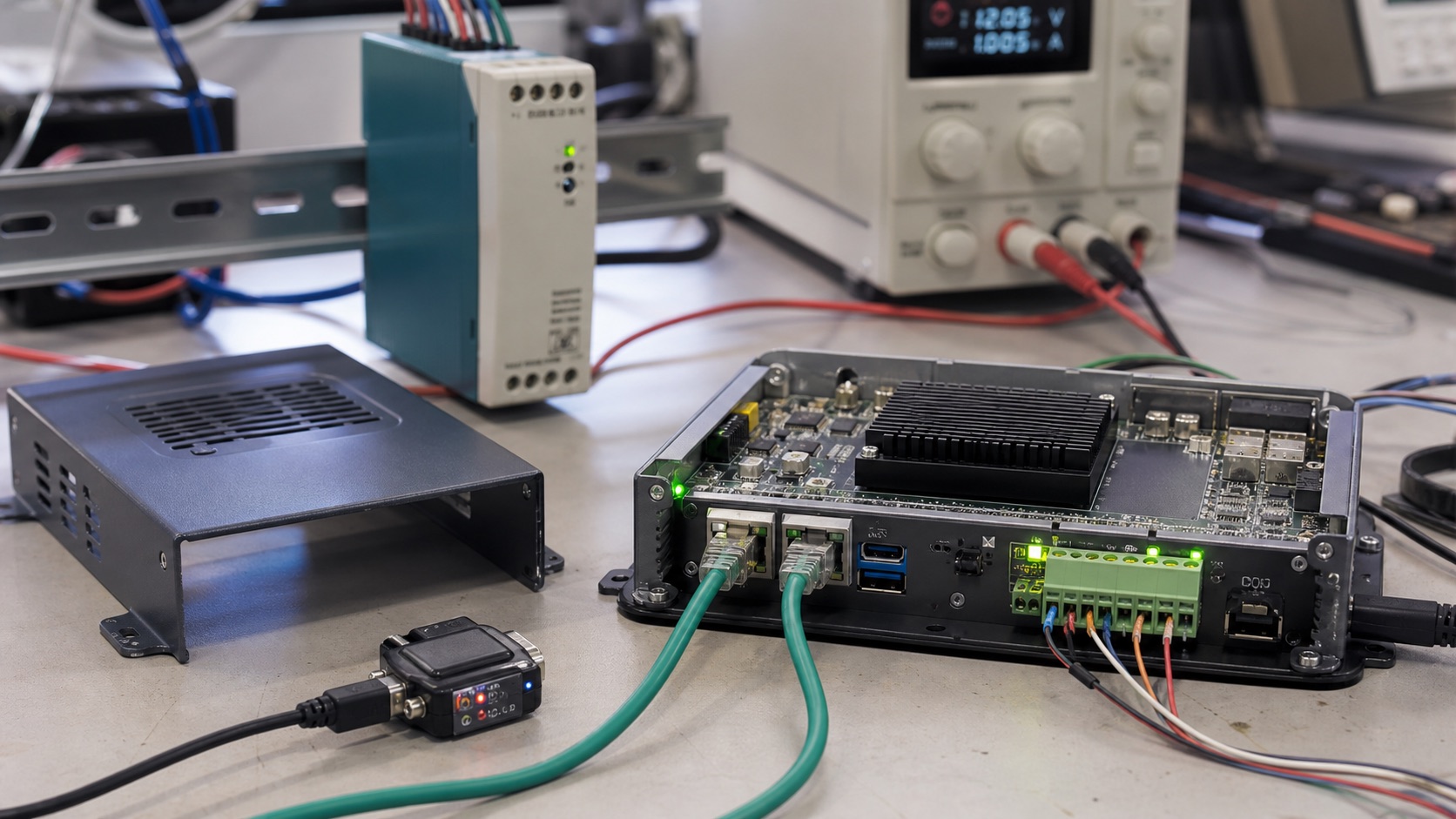 Industrial Linux gateway prototype with Ethernet, RS485 terminal blocks, DIN rail power, and serial debugging