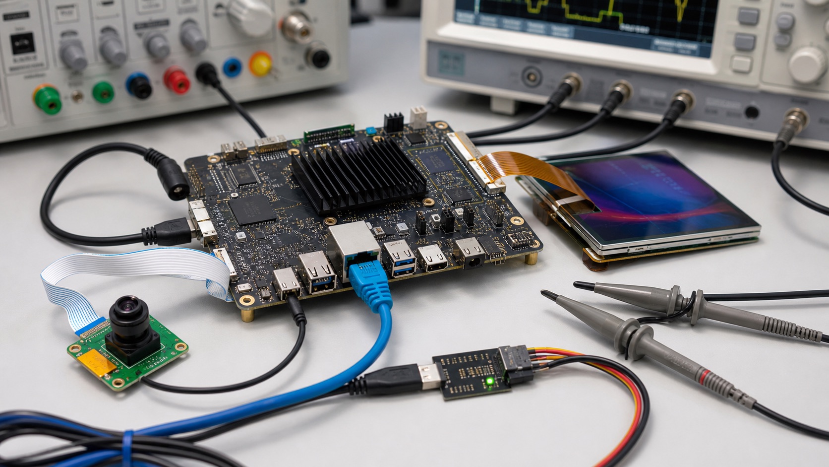 MediaTek MTK-style AIoT SoC evaluation bench with embedded board, camera module, display cable, oscilloscope probes, and debug tools