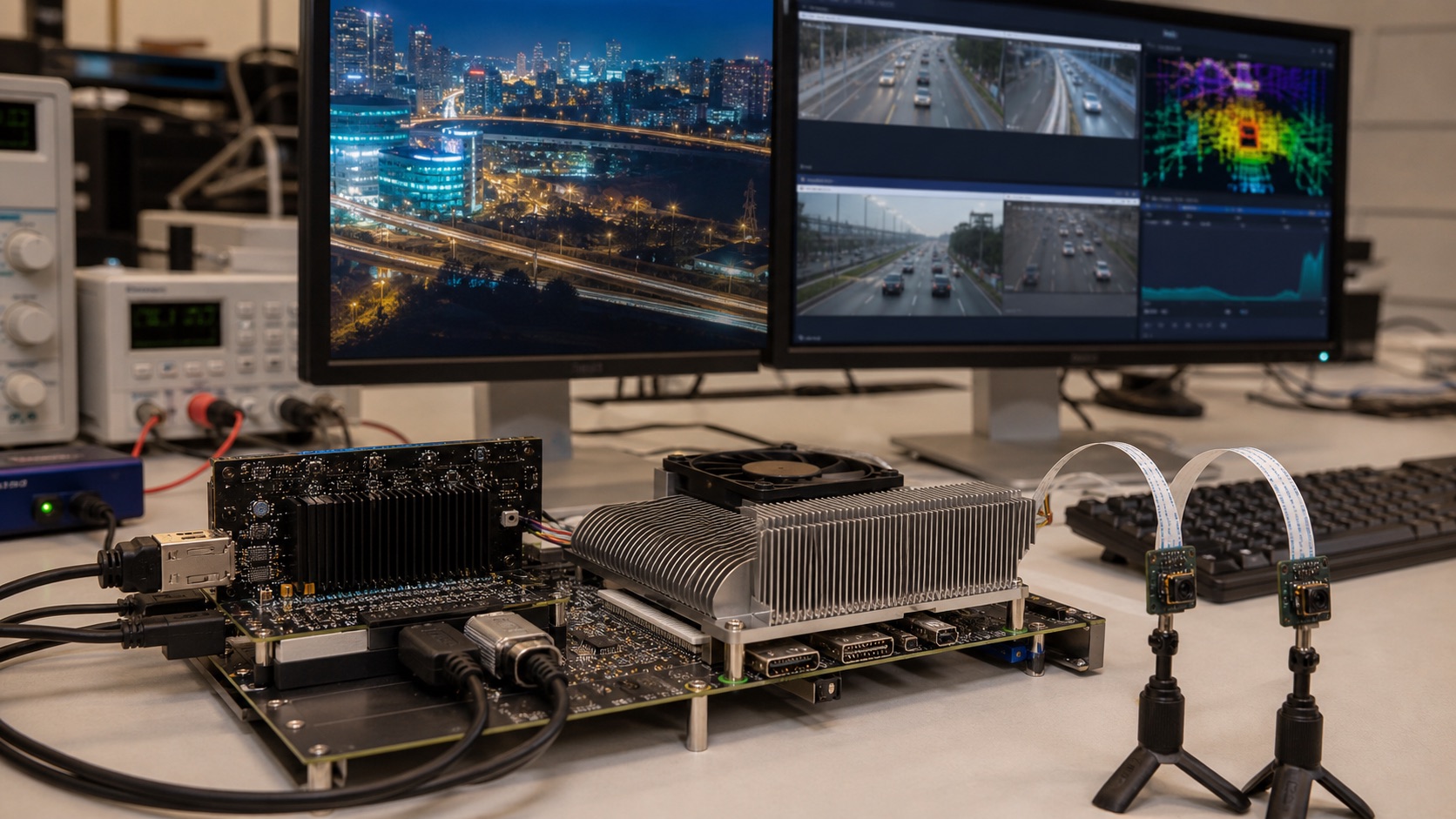 High-performance Genio 1200-class edge AI board running multi-display and camera validation on an electronics bench
