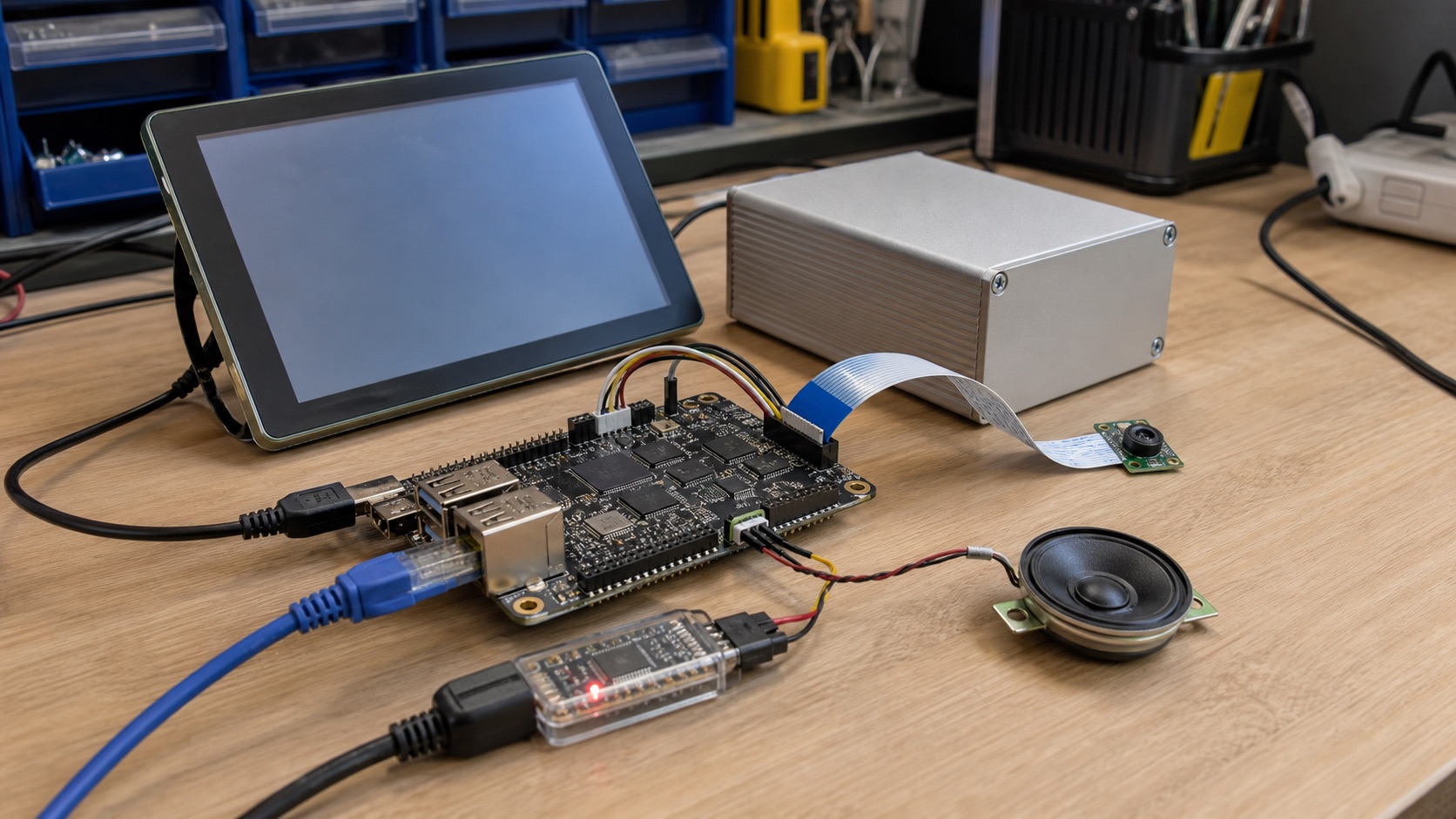 Value-tier Genio 350 and Genio 360-class IoT board with small touchscreen, camera ribbon, Ethernet, USB serial adapter, and compact enclosure parts