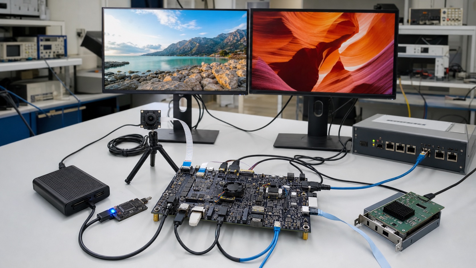Genio 700 and Genio 510-class AIoT validation bench with dual displays, camera module, Ethernet test fixture, USB device, and debug cables