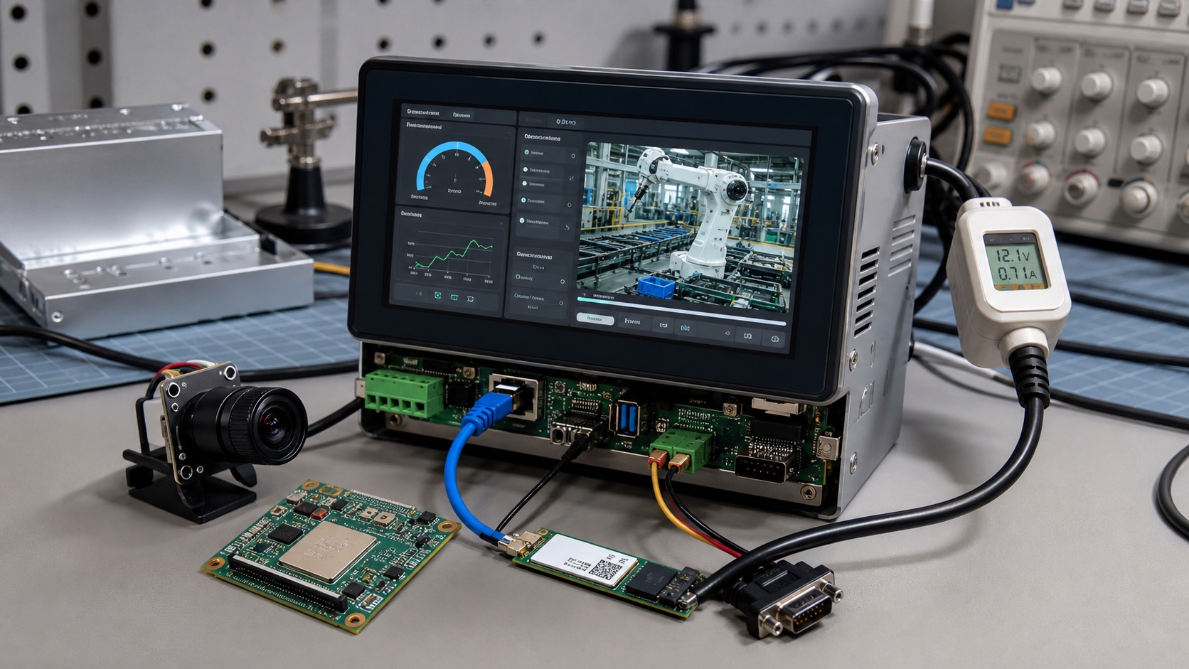 Mainstream Genio 720 and Genio 520-class HMI and edge AI prototype with touchscreen, camera board, wireless module, and measurement tools
