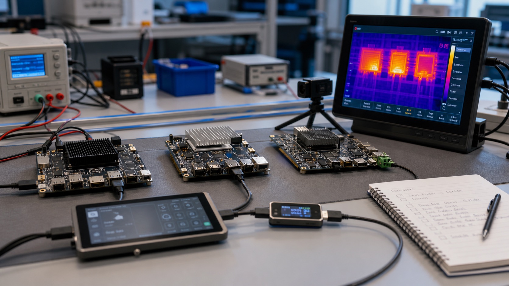 MediaTek Genio-class AIoT boards being compared on a validation bench with displays, thermal tools, and engineering notes