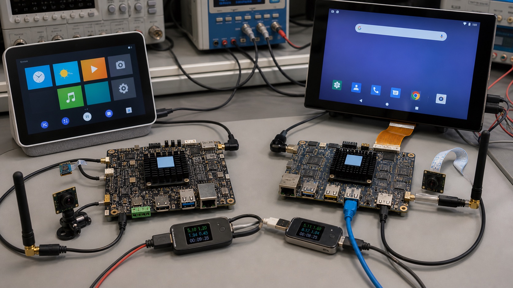 MediaTek Genio-class and Rockchip-class AIoT development boards compared with smart display, camera, antennas, Android panel, Ethernet, power meters, and thermal stickers