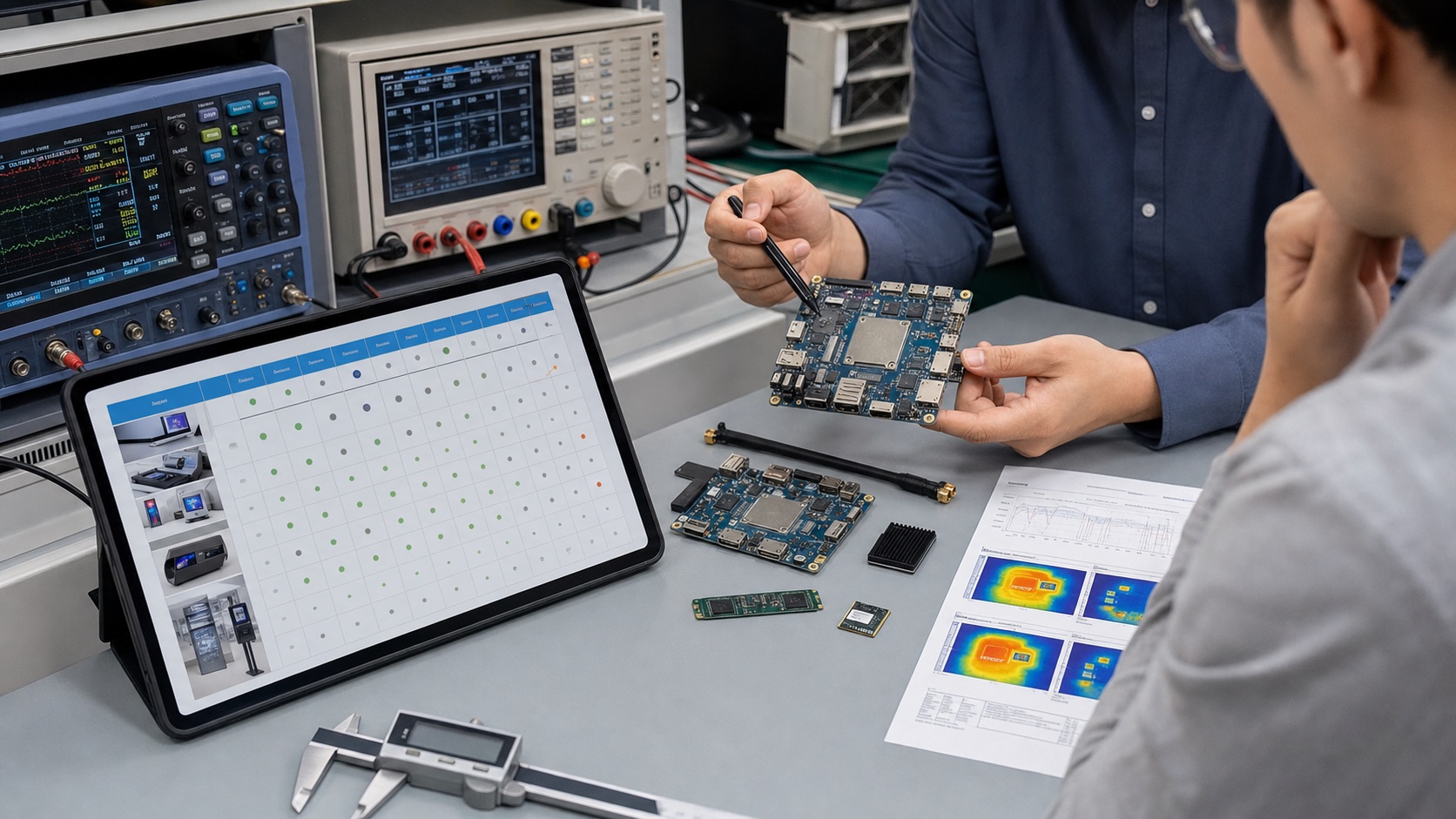 MediaTek MTK SoC selection workbench with prototype boards, power analyzer, wireless antennas, thermal report, and engineering planning tablet