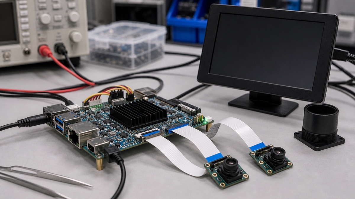 Embedded camera interface validation bench with MIPI camera modules, ribbon cables, SBC, and test display