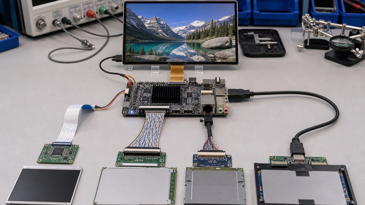 Embedded display interface validation bench with LCD panel, ribbon cables, HDMI cable, and SBC