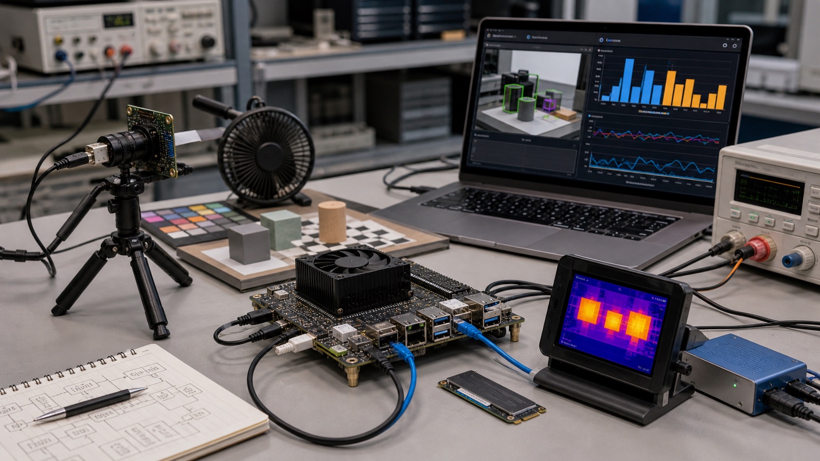 Edge AI benchmark bench with embedded board, camera module, thermal camera, power analyzer, cooling fan, and latency chart laptop