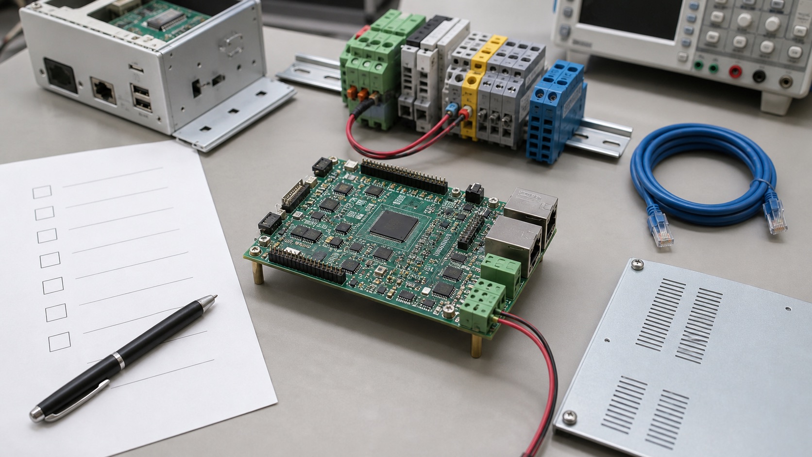 Industrial Linux SoC evaluation bench with module carrier board and terminal blocks