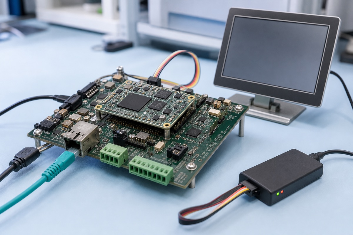 NXP i.MX8M Mini Guide evaluation bench with embedded board cables display and test equipment