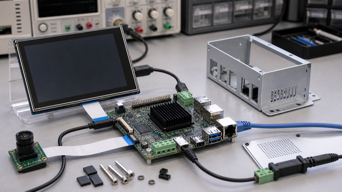 NXP i.MX8M series industrial Linux evaluation bench with SOM carrier, display, camera, Ethernet, and test tools