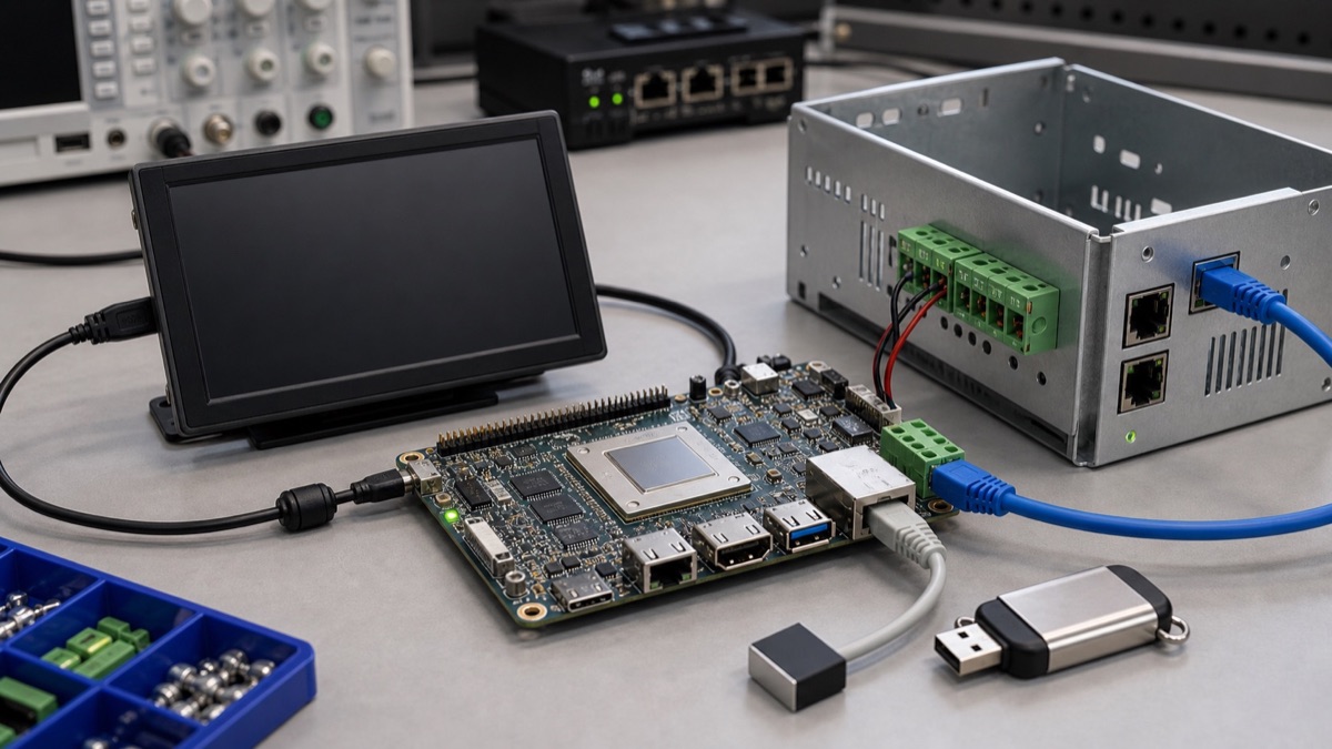 NXP i.MX9 secure industrial edge evaluation bench with Linux gateway board, display, Ethernet, and enclosure parts
