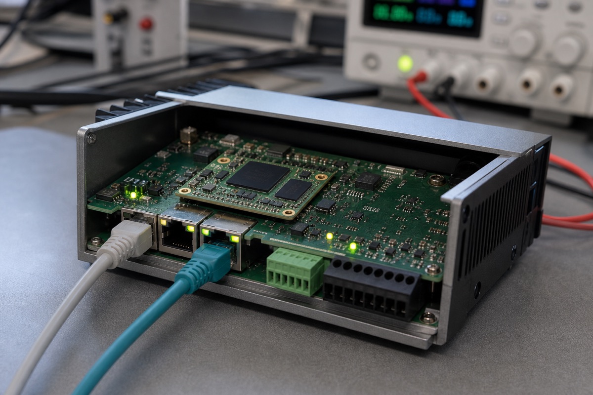 NXP i.MX93 Guide evaluation bench with embedded board cables display and test equipment