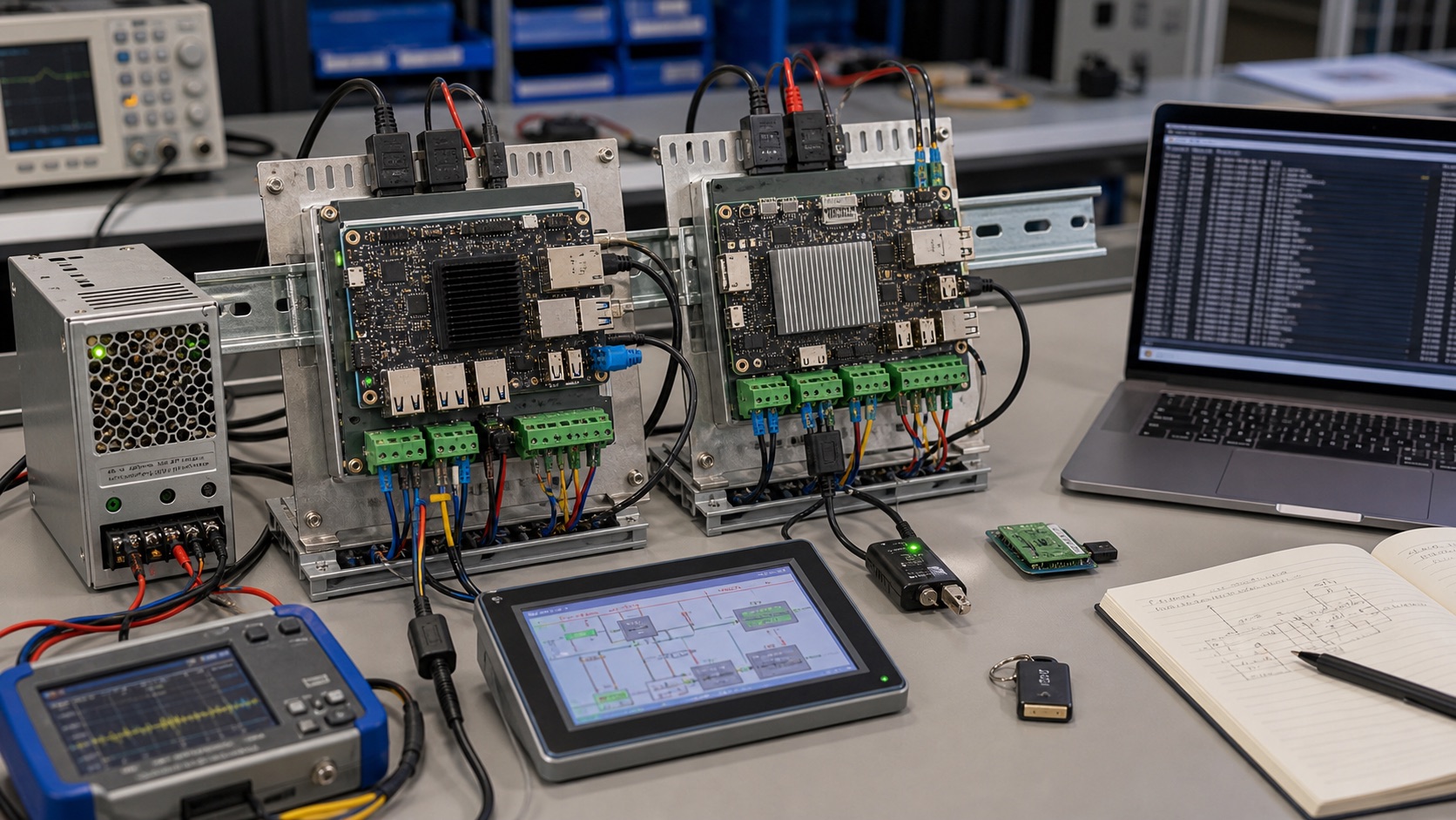 NXP i.MX93-class and TI AM62x-class industrial Linux carrier boards compared with dual Ethernet, RS485 CAN terminal blocks, HMI display, secure module, and power supply