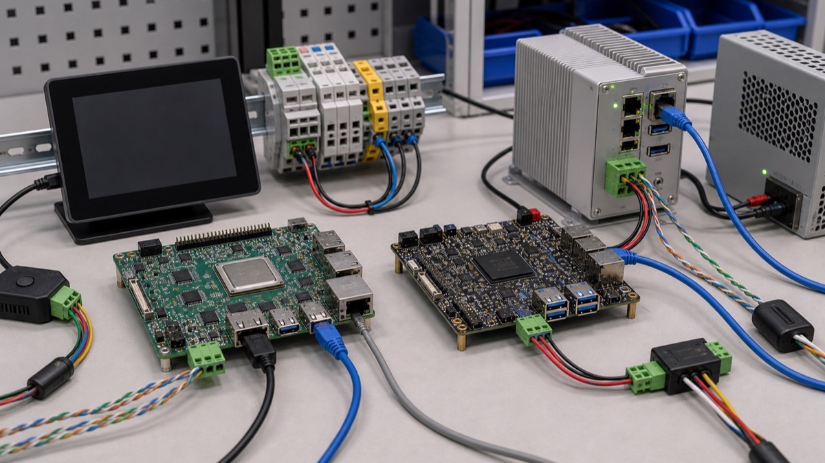 NXP and TI industrial Linux comparison bench with gateway board, HMI display, Ethernet, RS485 wiring, and power supply