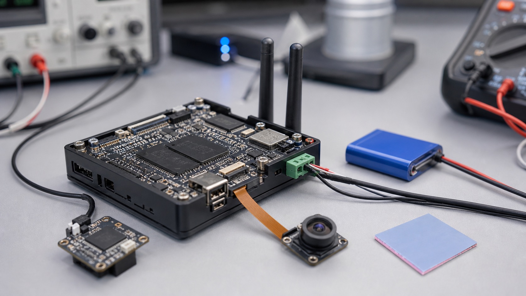 Compact edge AI wireless camera terminal prototype on lab bench