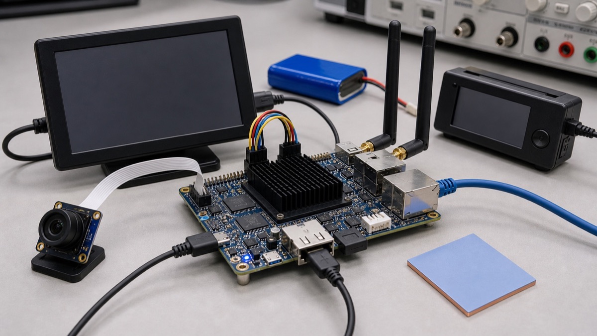 Qualcomm QCS-style edge AI wireless camera terminal prototype with antennas, camera module, battery simulator, and SBC