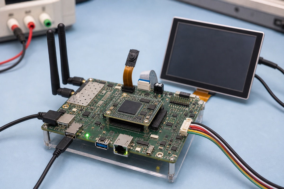 Qualcomm QCS5430 Guide evaluation bench with embedded board cables display and test equipment