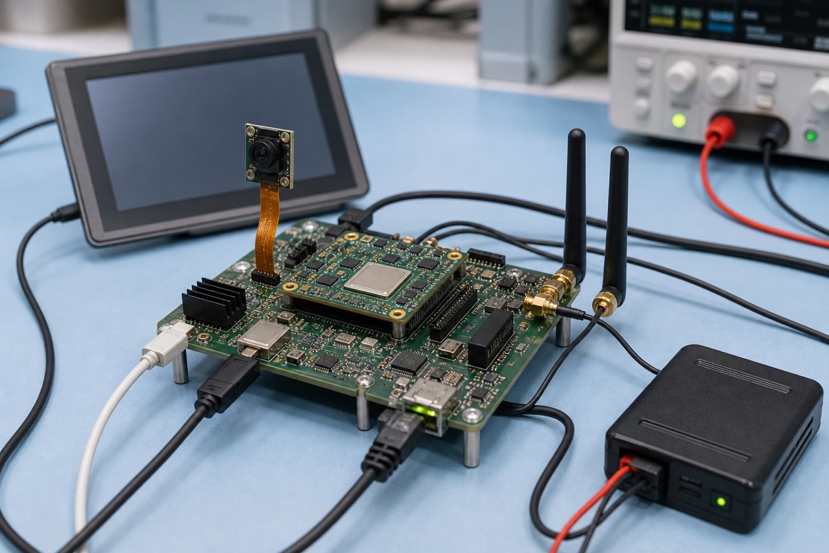 Qualcomm QCS6490 Guide evaluation bench with embedded board cables display and test equipment
