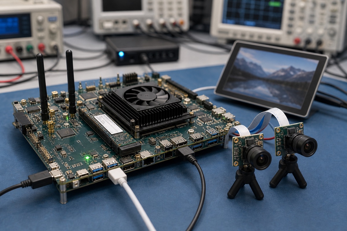 Qualcomm QCS8250 Guide evaluation bench with embedded board cables display and test equipment