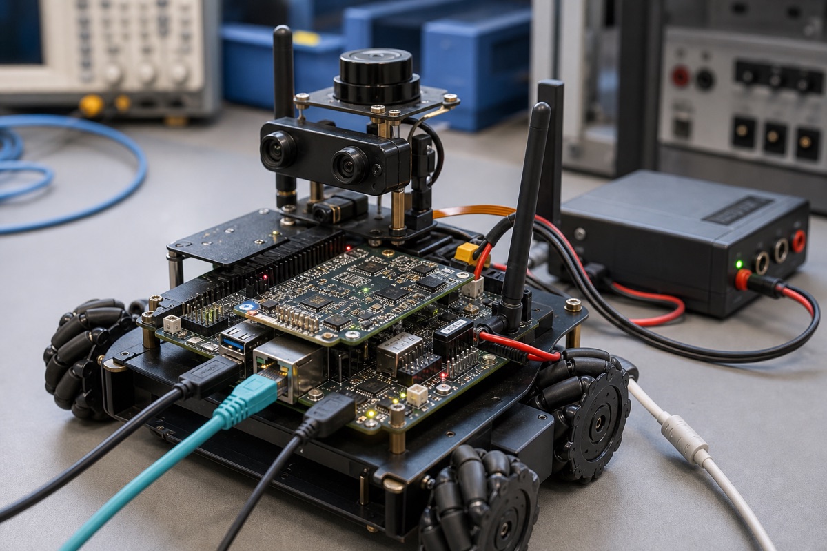 Qualcomm QRB5165 Guide evaluation bench with embedded board cables display and test equipment