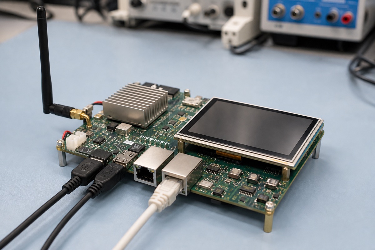 Qualcomm Snapdragon 410E Guide evaluation bench with embedded board cables display and test equipment