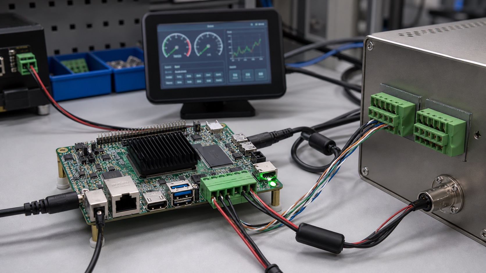 Industrial SBC prototype with Ethernet terminal blocks and HMI display