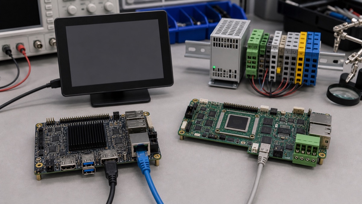 RK3568 and i.MX8M Mini comparison bench with industrial HMI display, Ethernet, and Linux SBC modules